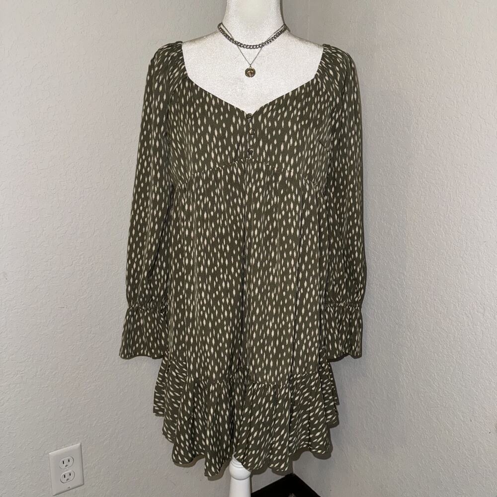 New In Babydoll Dress Women's Large Olive Green Floral Long Sleeve Ruffle Hem